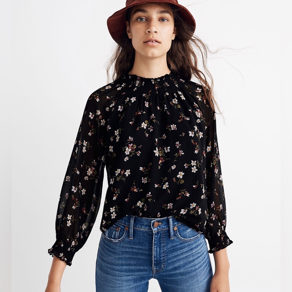 Madewell Smocked Mockneck Top in Backyard Blooms Medium
